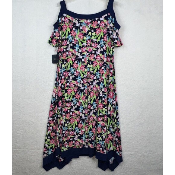 Rafaella Dress Blue Pink Green Lily Floral Cold Shoulder Handkerchief Hem Sz XL - Picture 7 of 9